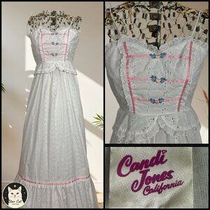 Vintage White Eyelet Maxi Dress | Cottagecore Peplum Lace Dress | Candy Jones